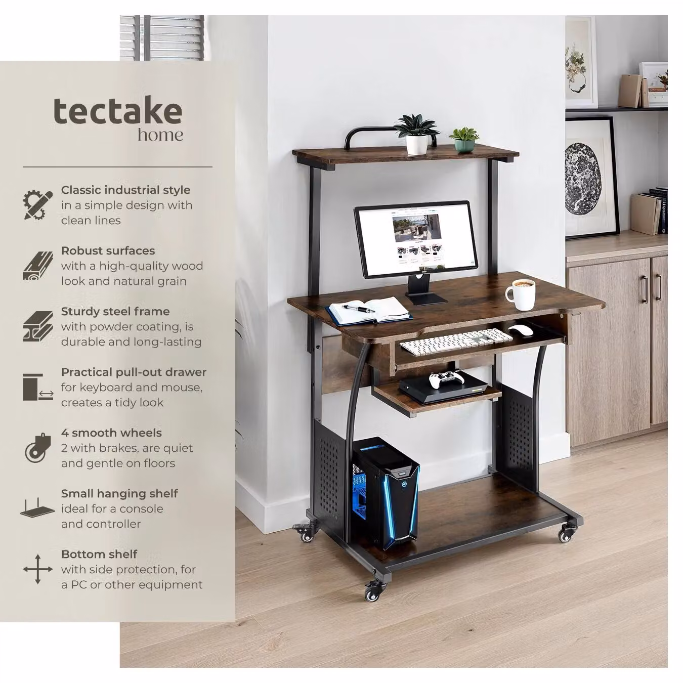 tectake Fife Computer Desk with 3 Levels, Attachable Shelf, Keyboard Tray and Castors in Brown – 2