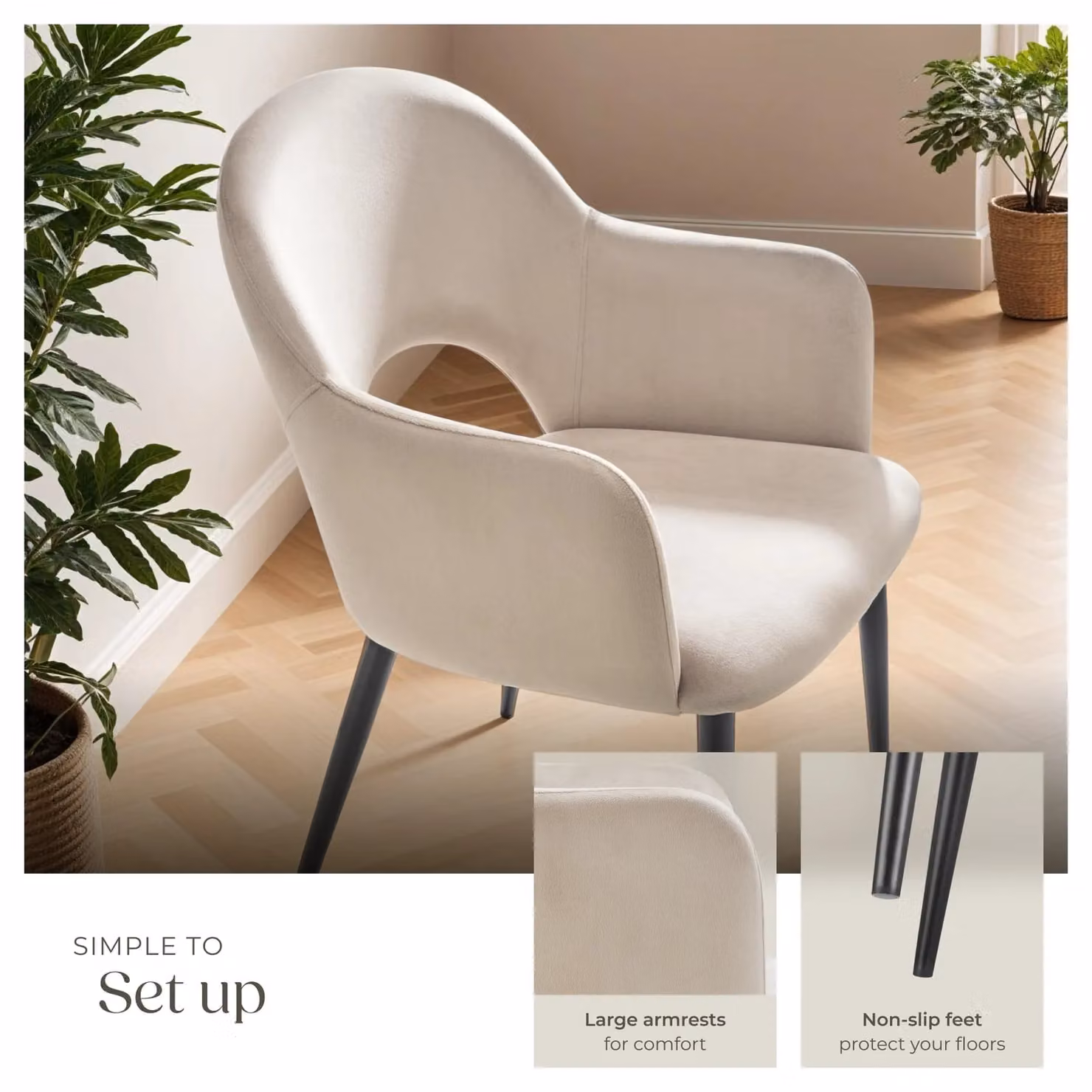 tectake Sasha Set of 6 Modern Dining Chairs in Cream Velvet with Oak Frame – 3