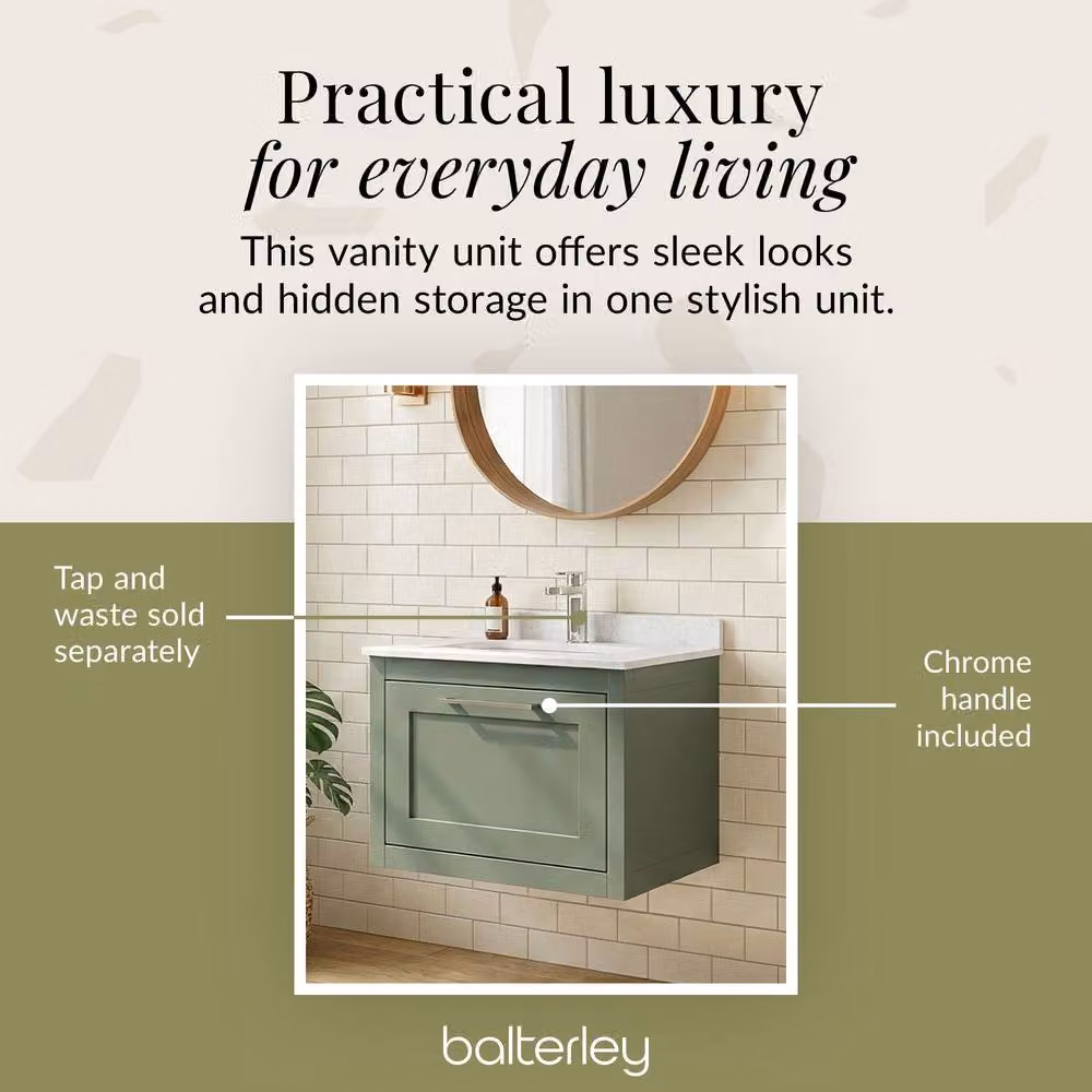 Balterley Blithbury Wall Hung 1 Drawer Vanity Basin Unit, Matt Green, Width: 60 cm – 3