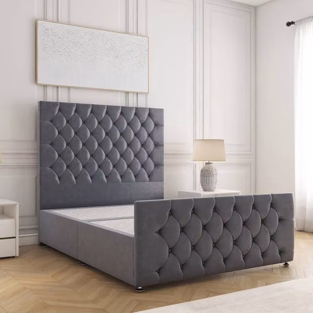 BSSPOKE Maya Super King Divan Bed Set with 54 inch Headboard in Charcoal Grey Plush Velvet