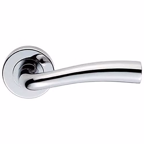 Loops Pair of Curved Flared Door Handles with Concealed Fix Round Rose in Polished Chrome