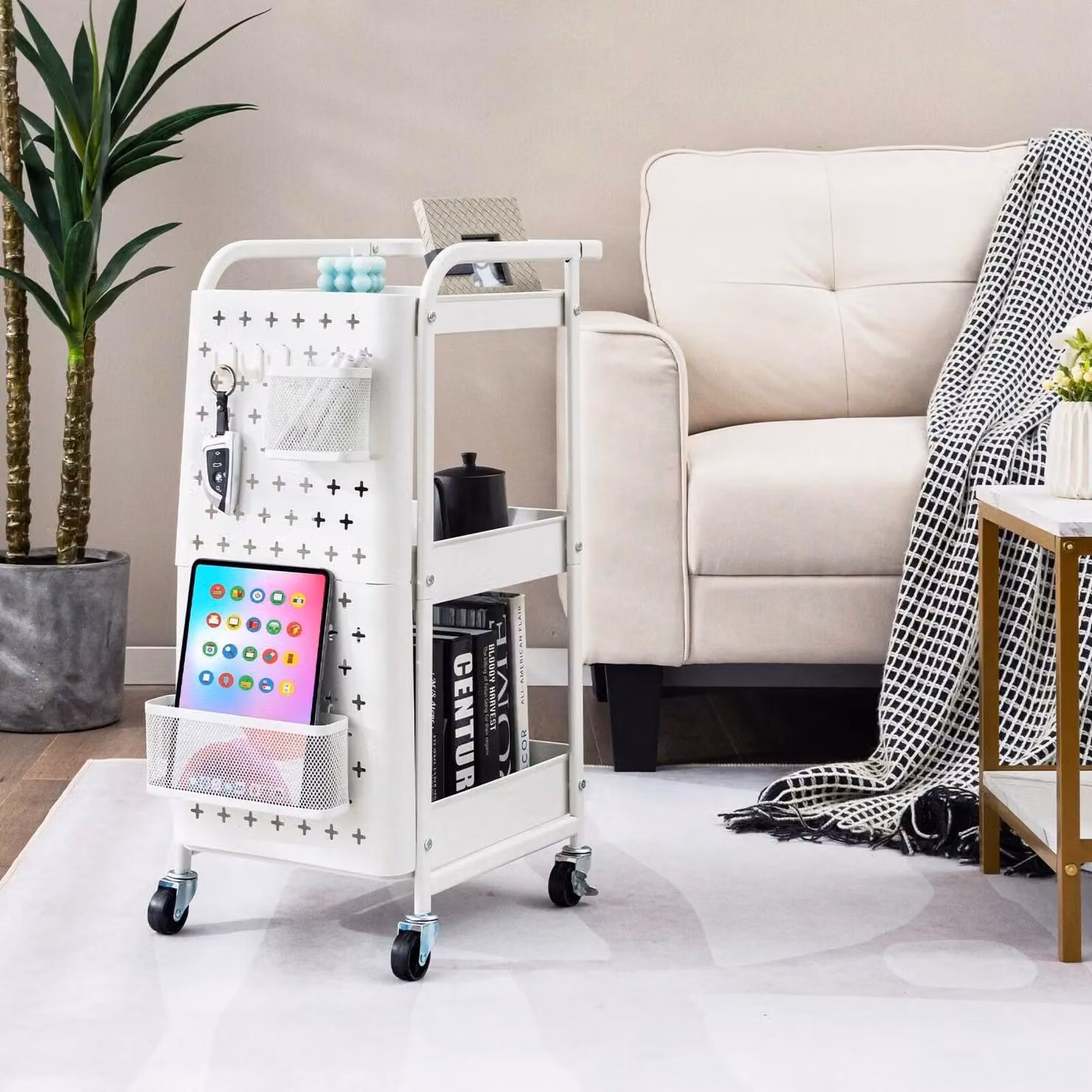 Costway 3-Tier Metal Rolling Storage Trolley with 2 Pegboards, 2 Baskets and 4 Hooks in White – 2