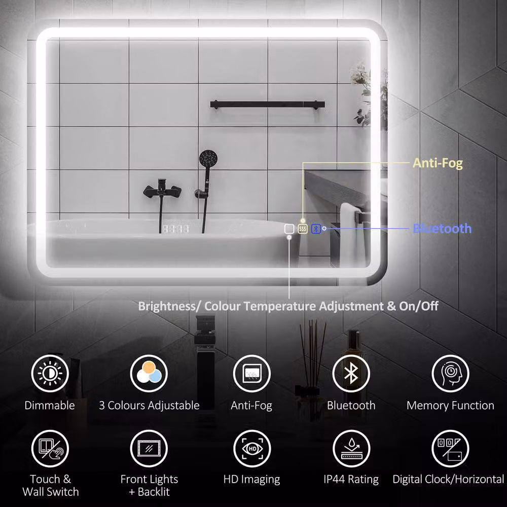 STILVORA Modern Rectangular Wall Mounted Bathroom Mirror with Dimmable LED Lighting, Bluetooth and Touch Switch in Silver – 6