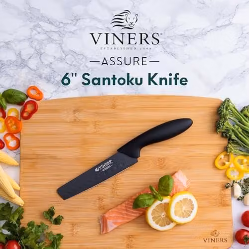 Viners Assure 6 inch Santoku Knife with Black Soft Grip Handle and Stainless Steel Non-Stick Blade – 1
