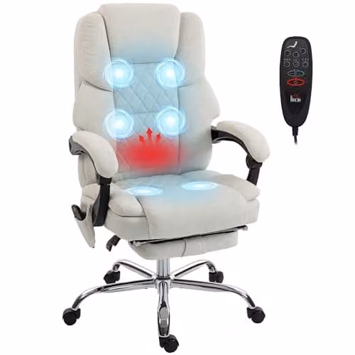 HOMCOM Executive Office Chair with 6-Point Vibration Massage and Heat, Beige Velvet Upholstered High Back Design with Headrest and Armrests, H 118 x W 70 x D 67 cm