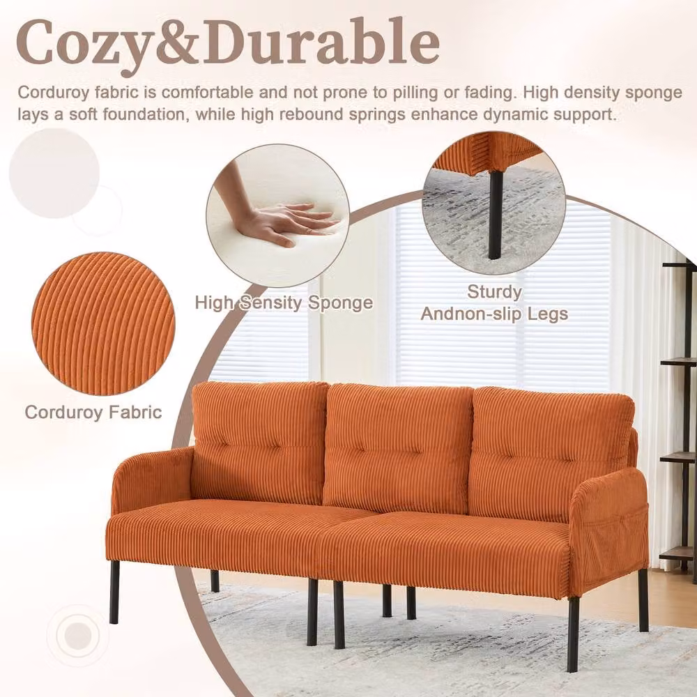 Direct Wicker Orange Corduroy Oversized Loveseat Double-Seater Couch with USB Charging and Side Pockets – 3