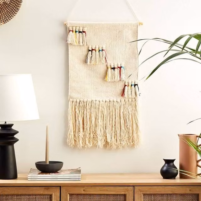 Wyld and Coco Handwoven Boho Textile Wall Hanging in Beige and Multicolour, W: 46 cm, H: 108 cm – 1
