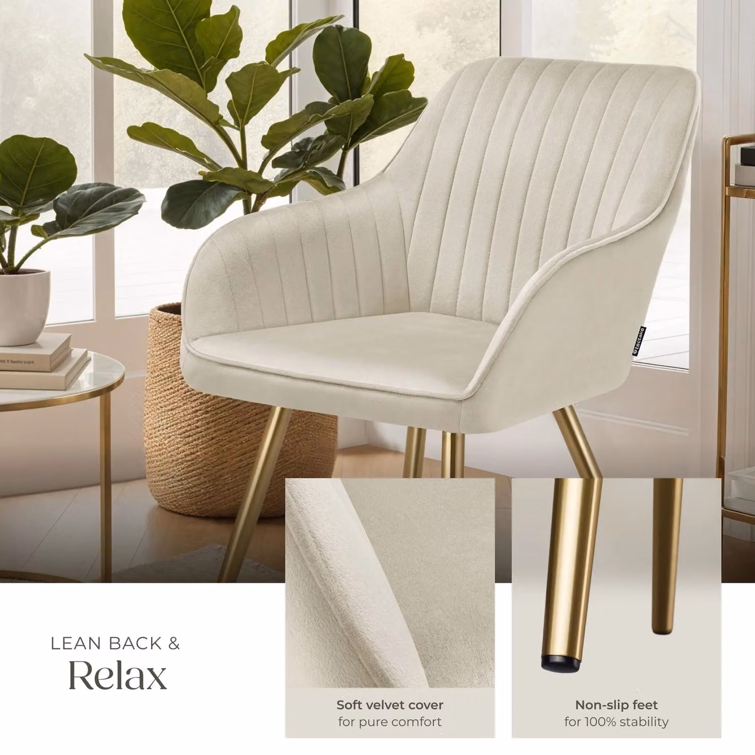 tectake Marilyn Modern Velvet Dining Chair in Beige and Gold – 2