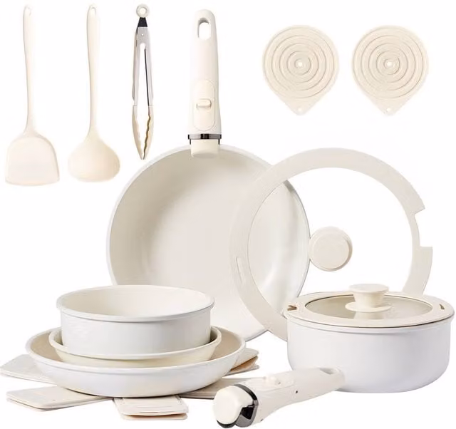 EONLION 19-Piece Nonstick Induction Cookware Set with Lids and Removable Handles, White