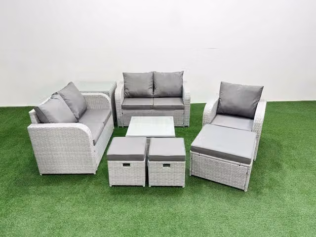 Fimous Grey Poly Rattan Garden Furniture Set with High Back Reclining Chair, Loveseat Sofa, Square Coffee Table, 3 Stools and Side Table