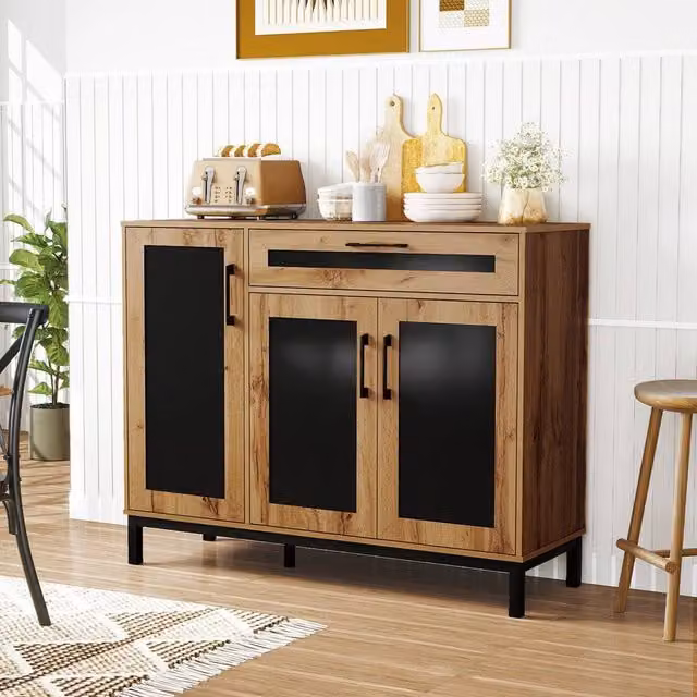 KORVIXA Modern 3-Door Accent Coffee Bar Console Station in Brown and Black, W/D/H: 100 x 100 x 100 cm – 1