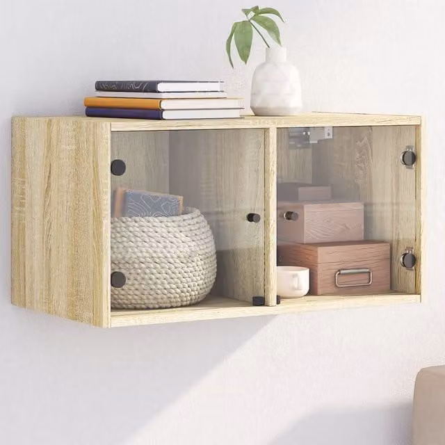 Berkfield Home Wall Cabinet with Glass Doors in Sonoma Oak Brown, W: 68.5 cm, D: 37 cm, H: 35 cm