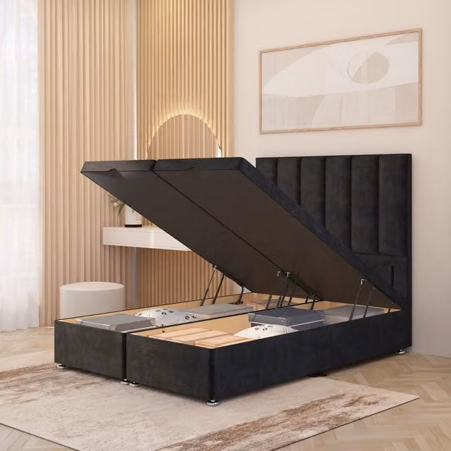 Somnior Beds Ltd Austin Small Single Plush Velvet Ottoman Divan Bed with Floor Standing Headboard, Black, W/D/H: 90 x 190 x 92 cm