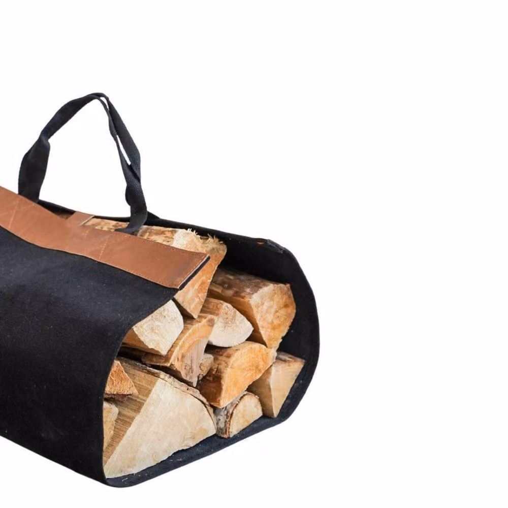 Lemon Pavilion Fabric Log Bag with Faux Leather in Black, W: 46 cm, D: 45.5 cm, H: 100 cm – 2