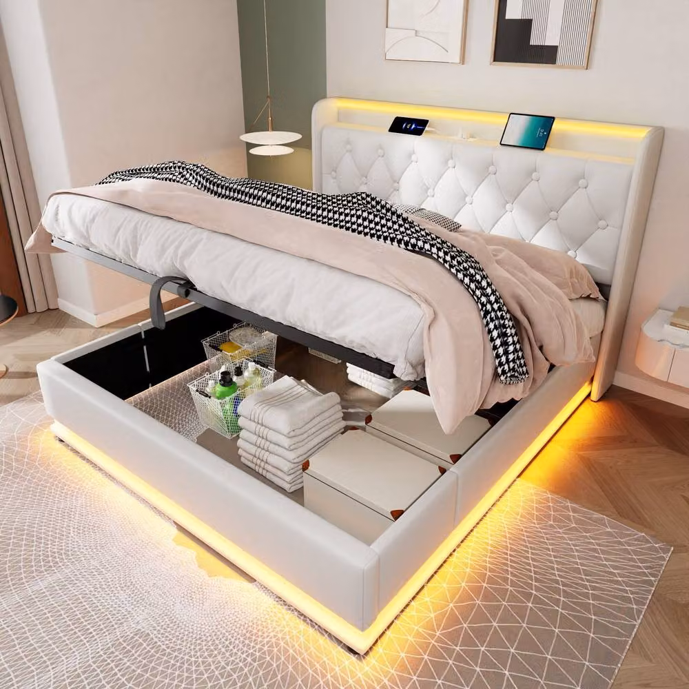 Rolipo White PU Double Ottoman Bed Frame with LED Lighting and USB Charging Ports, W/D/H: 140 x 200 x 137 cm – 8