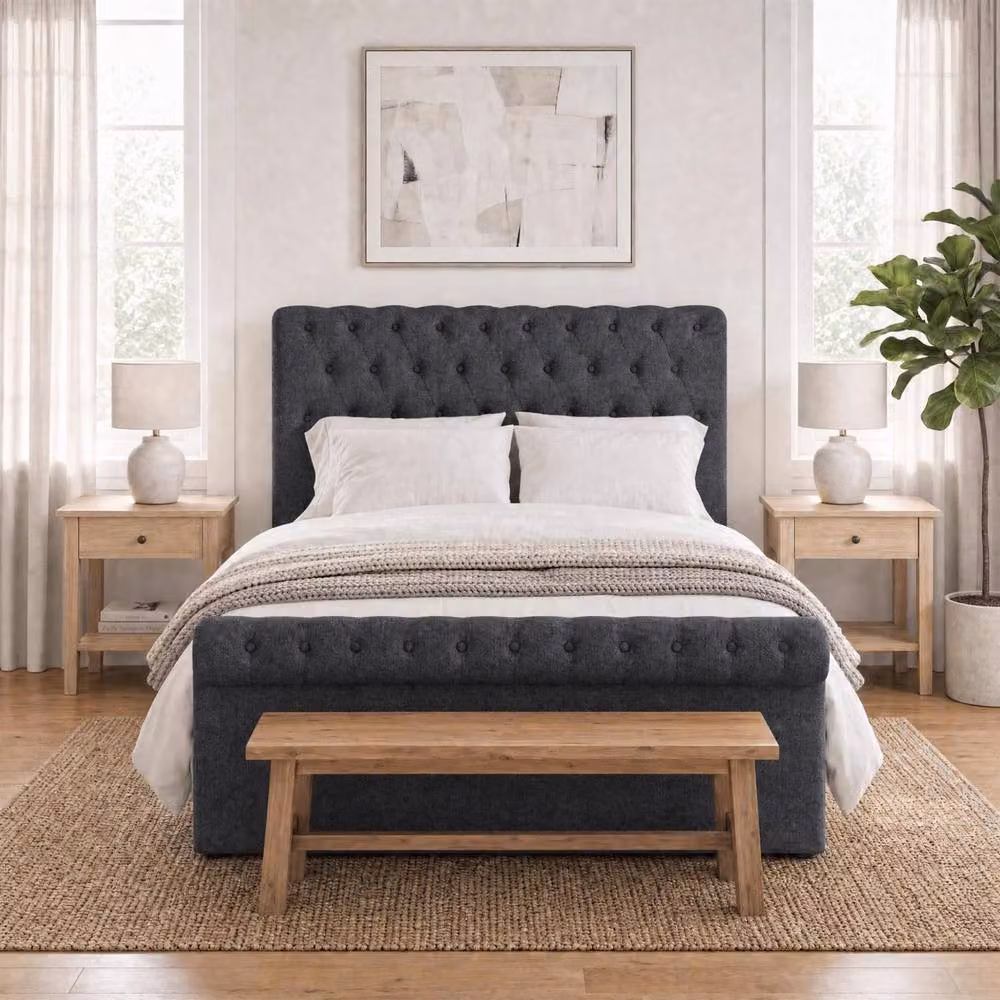 FWStyle Abbey King Size Upholstered Ottoman Bed Frame in Charcoal Grey with Scroll Buttoned Headboard, W/D/H: 180 x 200 x 123 cm – 2