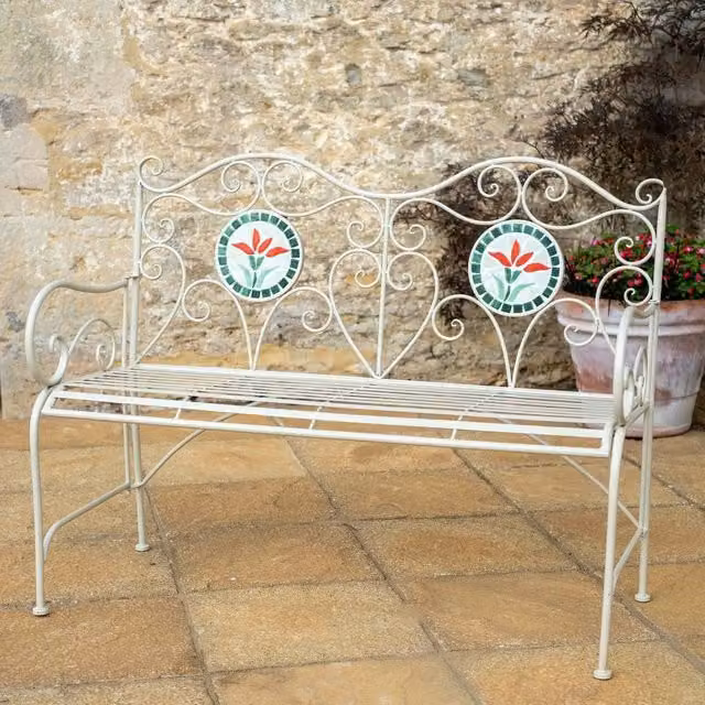 Ascalon Design Ltd Floral Mosaic Bench in Beige, W: 115 cm, D: 46 cm, H: 91 cm