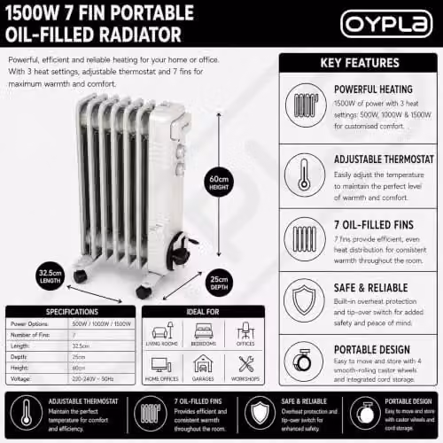 Oypla 1500W 7 Fin Portable Oil Filled Radiator Electric Heater in White – 2
