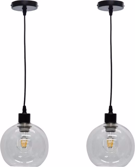 First Choice Lighting Barnum Set of 2 Pendant Lights with Transparent Glass Spheres and Black Fittings