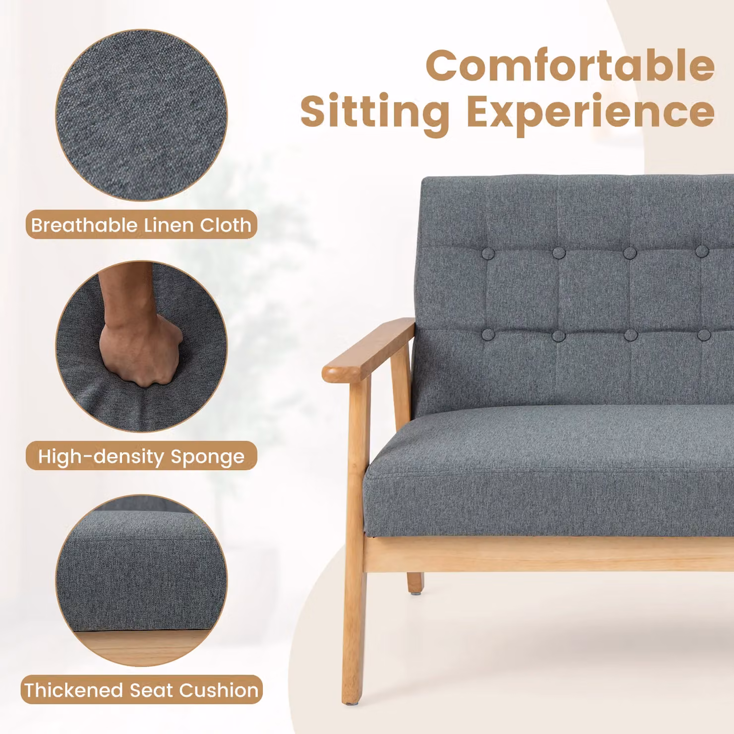 Gymax Grey Linen 2-Seater Loveseat Sofa with Tufted Design and Solid Wood Frame – 5
