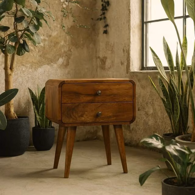 Wyld Haus Ostuni Curved Mango Wood Bedside Table in Brown with 2 Drawers – 1
