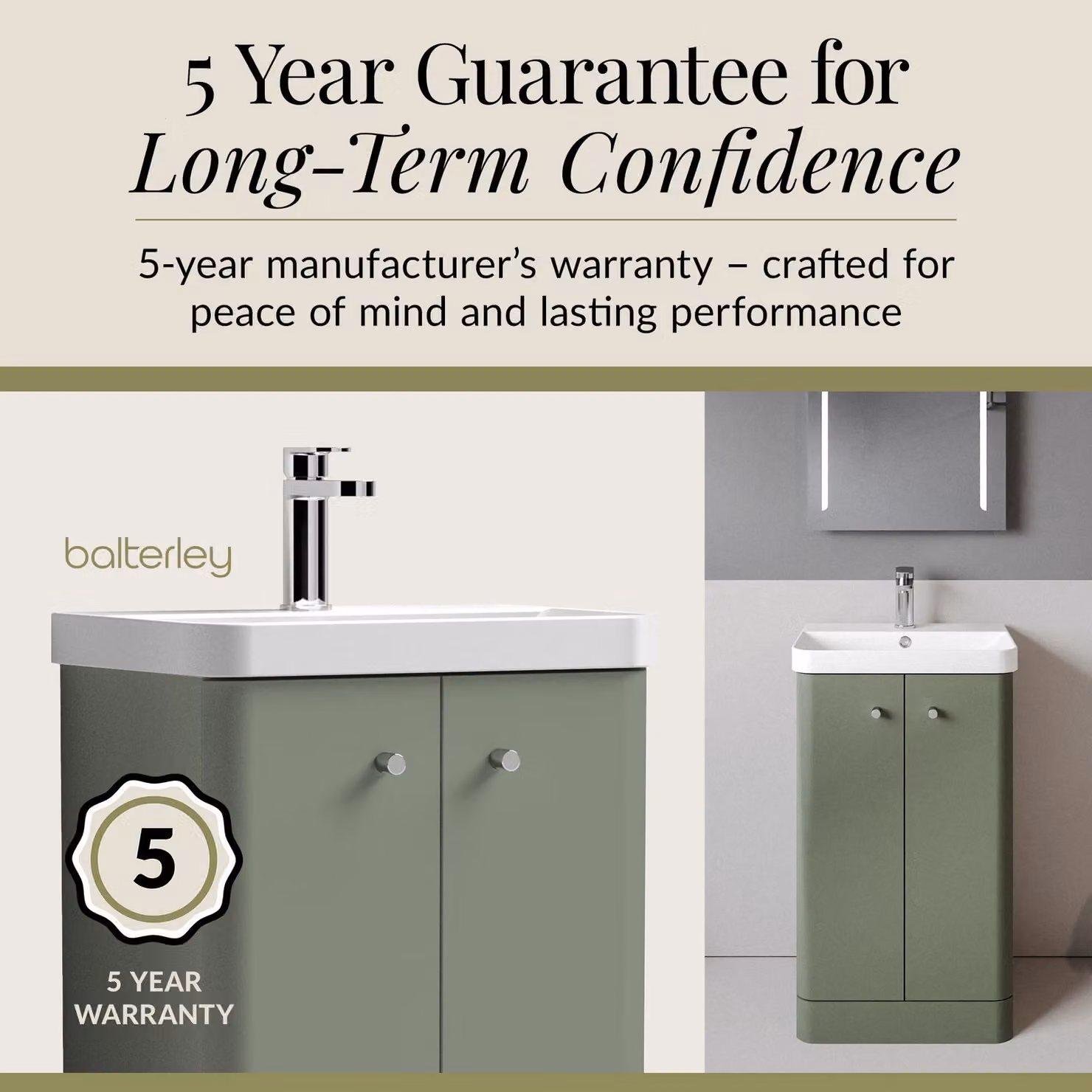 Balterley Modern Freestanding 2 Door Bathroom Floor Vanity Unit with Basin, Satin Green, W: 50.5 cm – 3