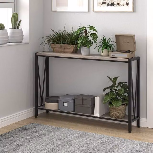 VOGREX 2-Tier Narrow Industrial Console Side Table in Grey