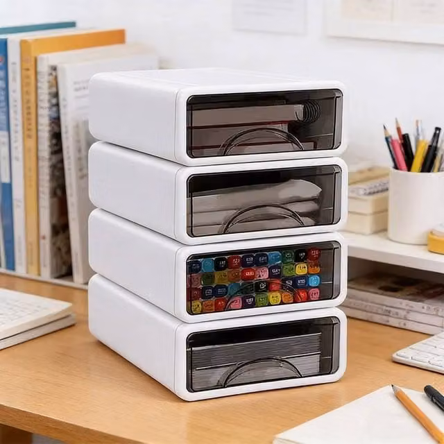 KORVIXA Stackable Multi-Compartment Desktop Drawer Organizer in White and Transparent Plastic