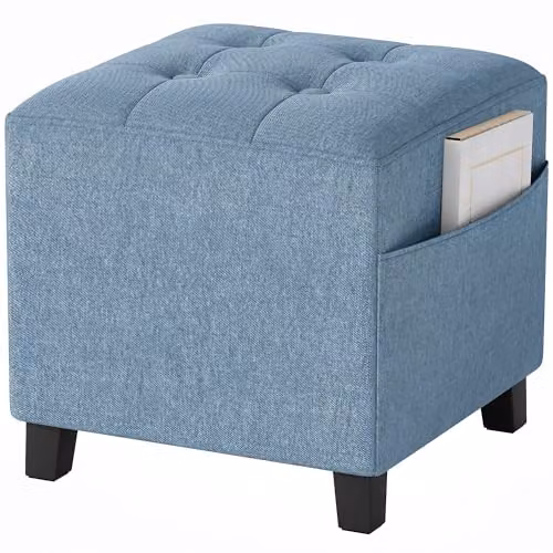 HOMCOM Square Fabric Ottoman Footstool with Side Pocket in Blue, W/D/H: 35 x 35 x 35 cm