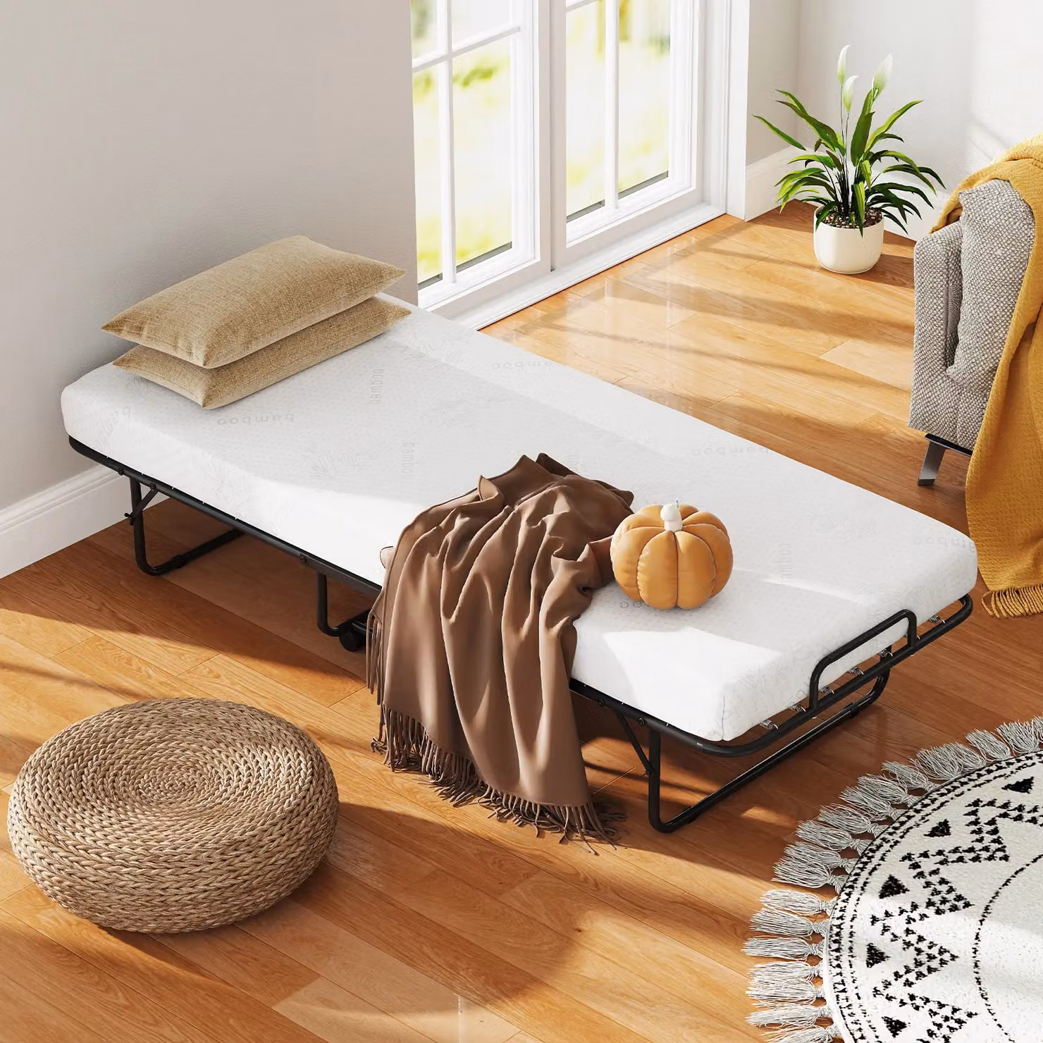 Gymax Rollaway Guest Bed with Memory Foam Mattress and Metal Frame, White, 80 x 190 cm – 3