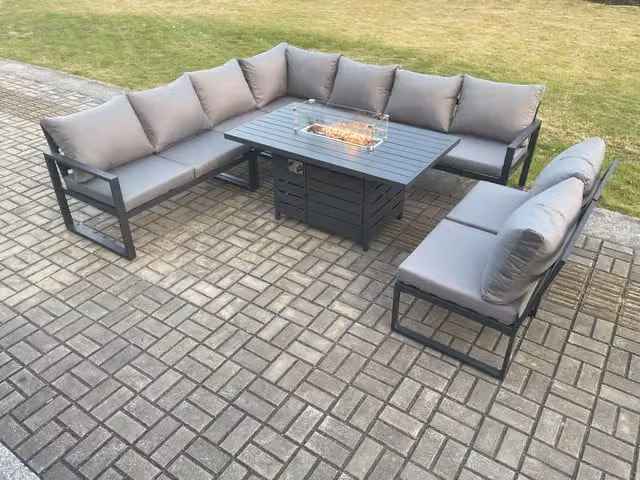 Fimous 9 Seater Aluminium Outdoor Garden Furniture Set with Gas Fire Pit Dining Table in Dark Grey