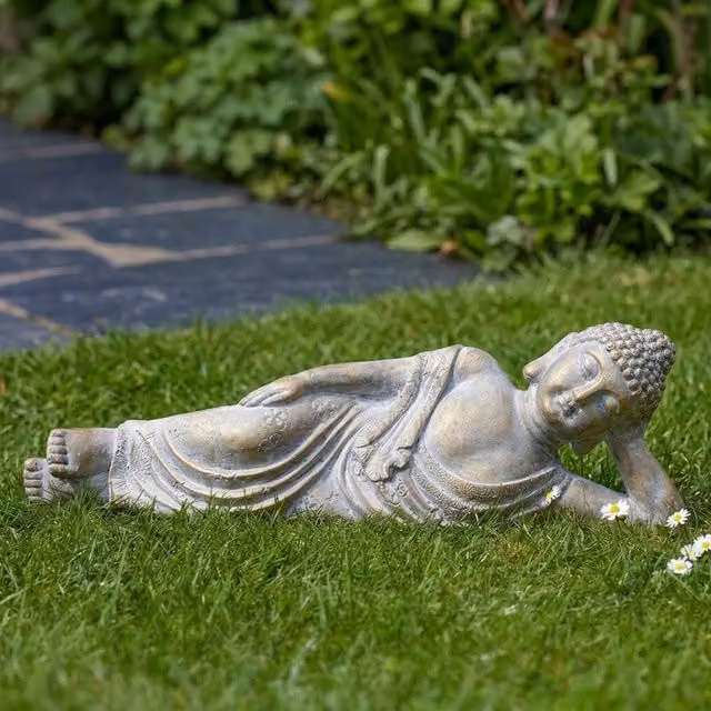 Garden Greatness Reclining Brushed Buddha Garden Ornament in Gold, Grey or Multicolour