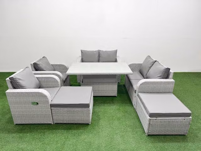Fimous 8 Seater Rattan Garden Furniture Set in Grey with Reclining Chairs, U-Shape Sofa, Adjustable Coffee Table and Ottomans