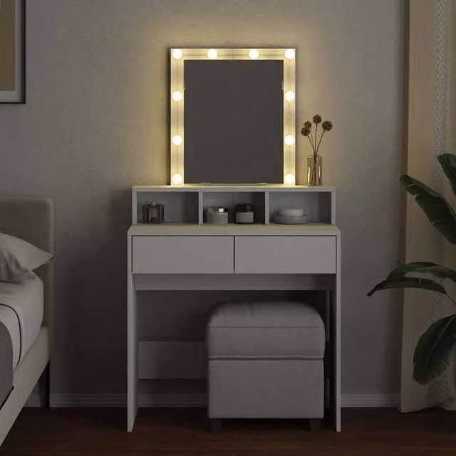 Berkfield Home Beautiful Modern White Dressing Table with Hollywood LED Mirror, W/D/H: 80 x 41 x 144.5 cm