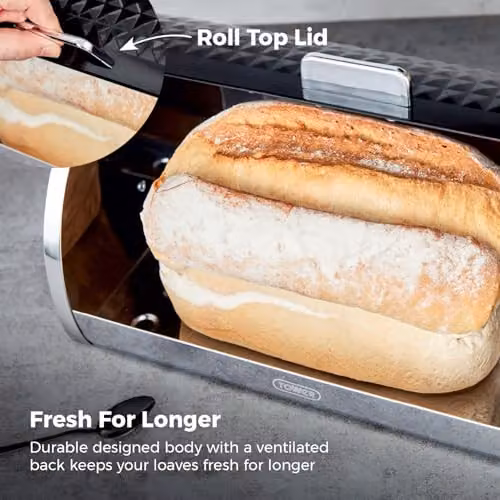 Tower Solitaire Roll Top Bread Bin and Set of 3 Airtight Canisters, Black Stainless Steel, W: 27.5 cm, D: 19.0 cm, H: 39.0 cm – 3