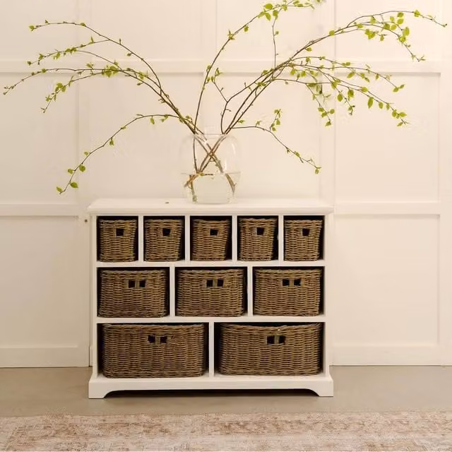 Statement Furniture Tetbury 10 Drawer Storage Unit with Brown Baskets in White, W105 x H80 x D40 cm