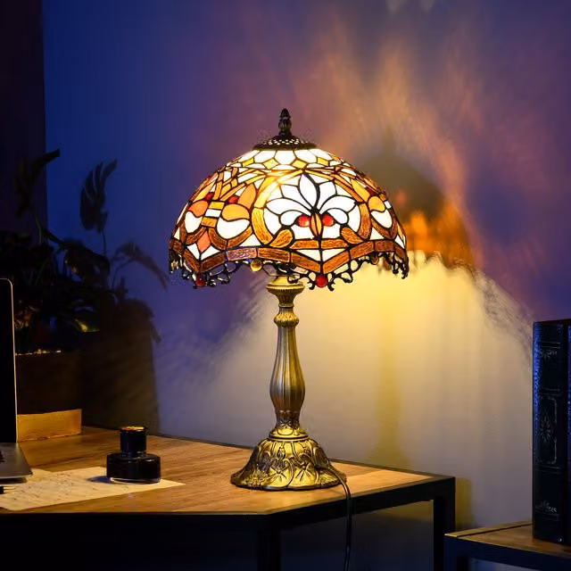 HOMCOM Handcrafted Art Nouveau Stained Glass Table Lamp in Blue and Gold/Brass