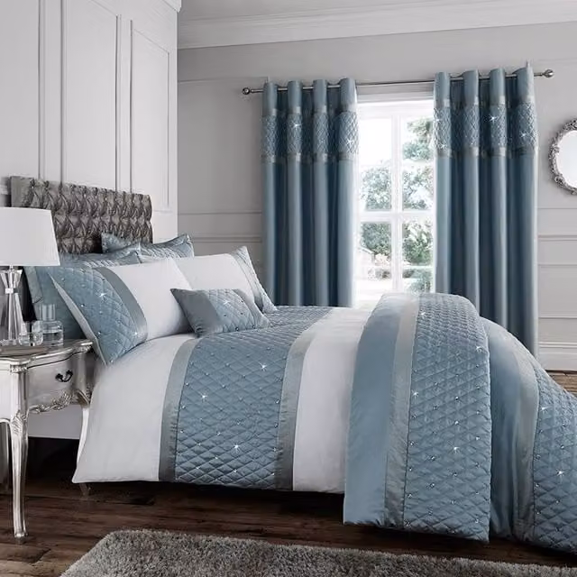 Catherine Lansfield Sequin Cluster Duckegg Blue Cotton Mako Satin Duvet Cover Bedding Set