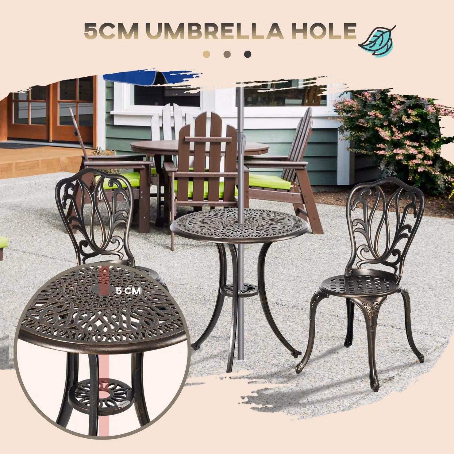OUTSUNNY 3 Piece Bronze Metal Patio Bistro Set with Umbrella Hole – 4