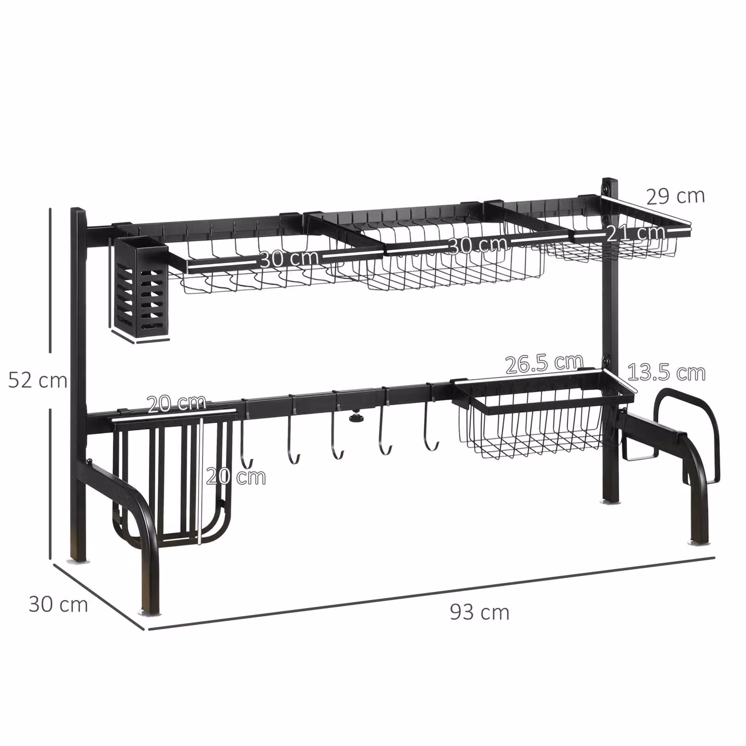 HOMCOM 2 Tier Adjustable Over The Sink Dish Drying Rack with Cutlery Holder, Black – 3