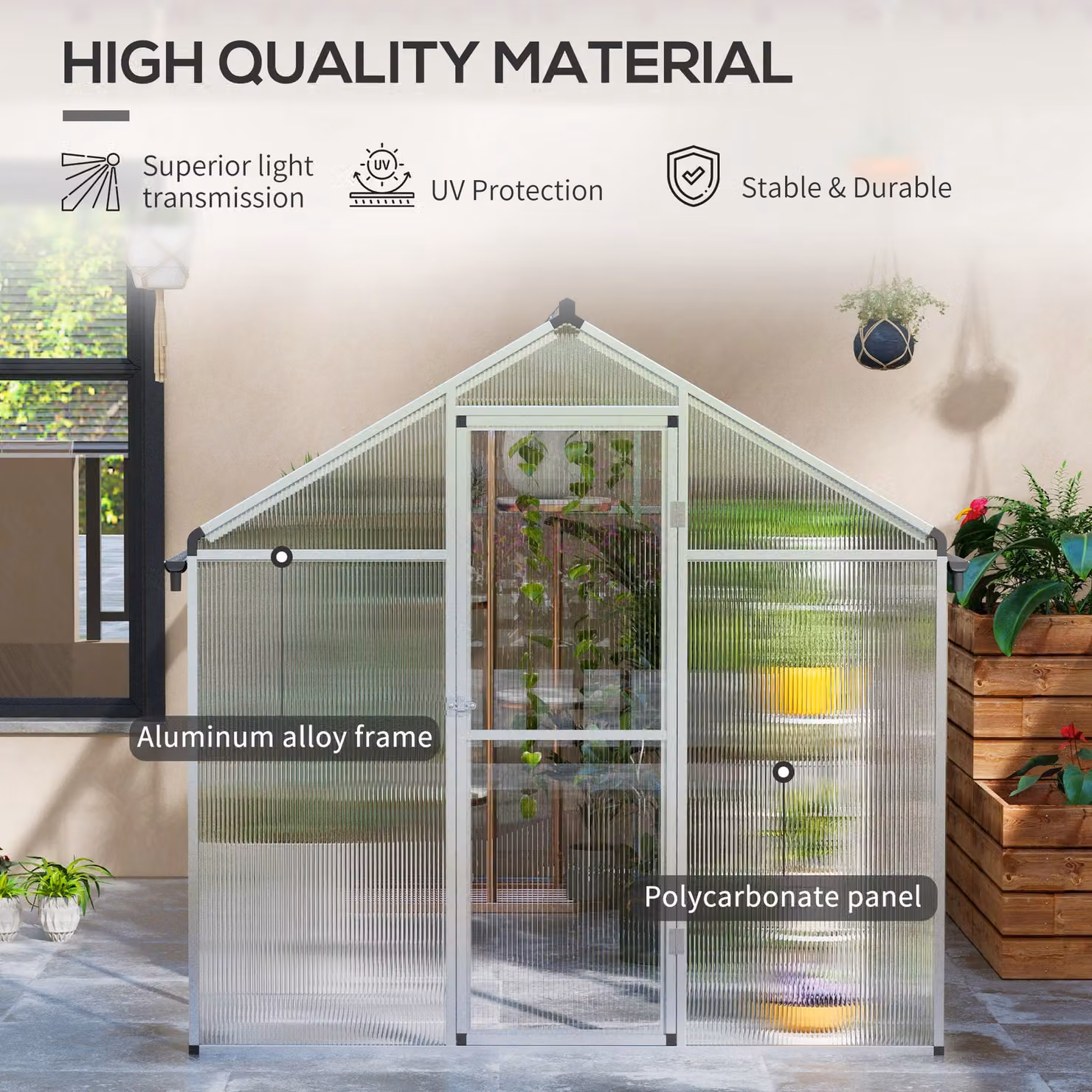 Outsunny Polycarbonate Greenhouse with Aluminium Frame, Rain Gutters and Window, W: 182.88 cm, D: 304.8 cm, H: 195 cm – 3