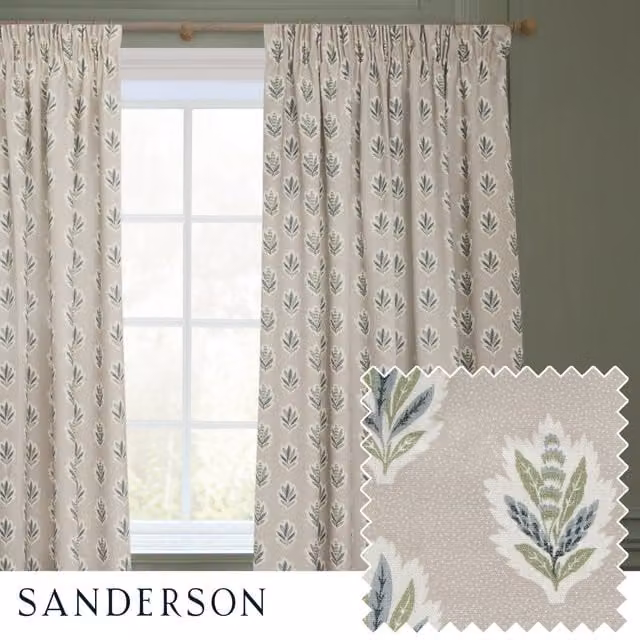 Sanderson Sessile Leaf Printed Ready Made Pencil Pleat Curtains in Beige