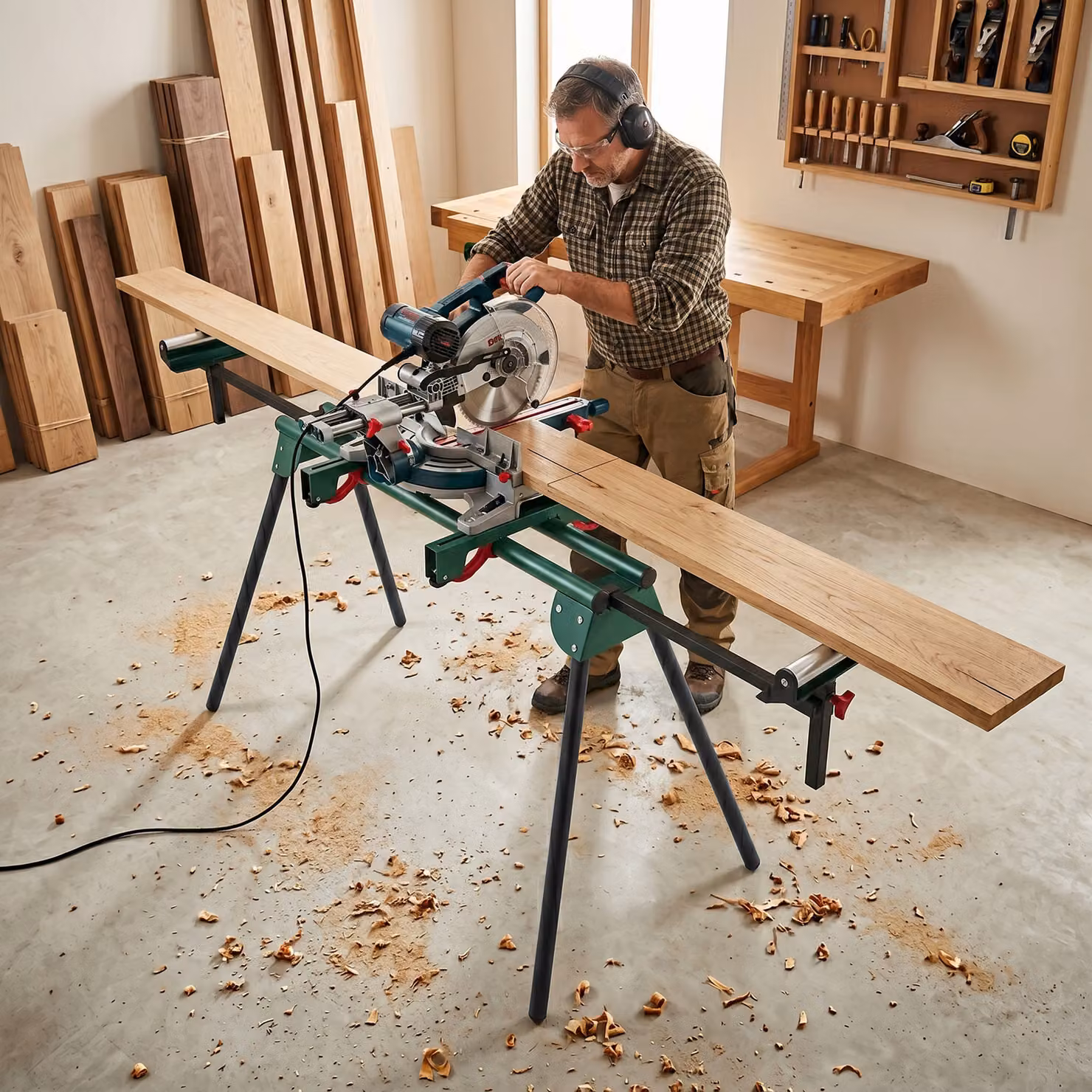 HOMCOM Universal Mitre Saw Stand with Adjustable Rollers, Support Arms and Folding Metal Legs – 5