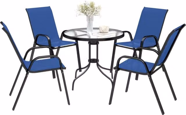 Outsunny Five-Piece Modern Steel Patio Set with Round Glass-Top Table in Blue – 1