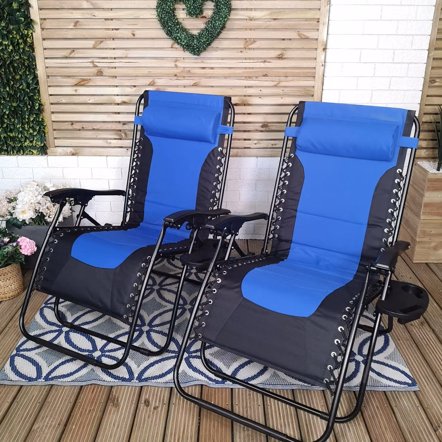 Samuel Alexander Set of 2 Luxury Padded Multi Position Zero Gravity Garden Relaxer Lounger Chairs in Blue and Black – 3