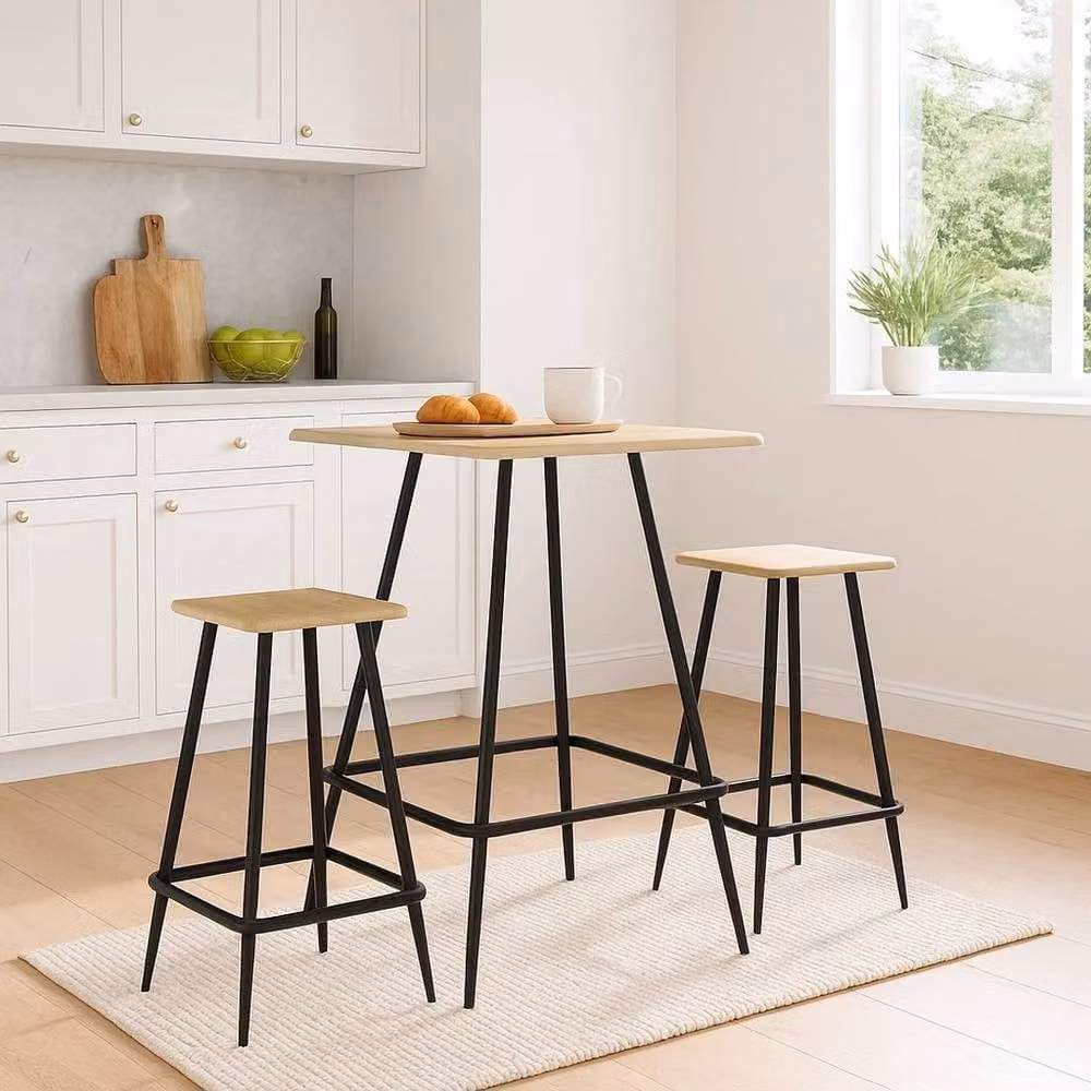 EONLION Modern Oak Square Breakfast Bar Table and 2 Stools Set in Brown – 2