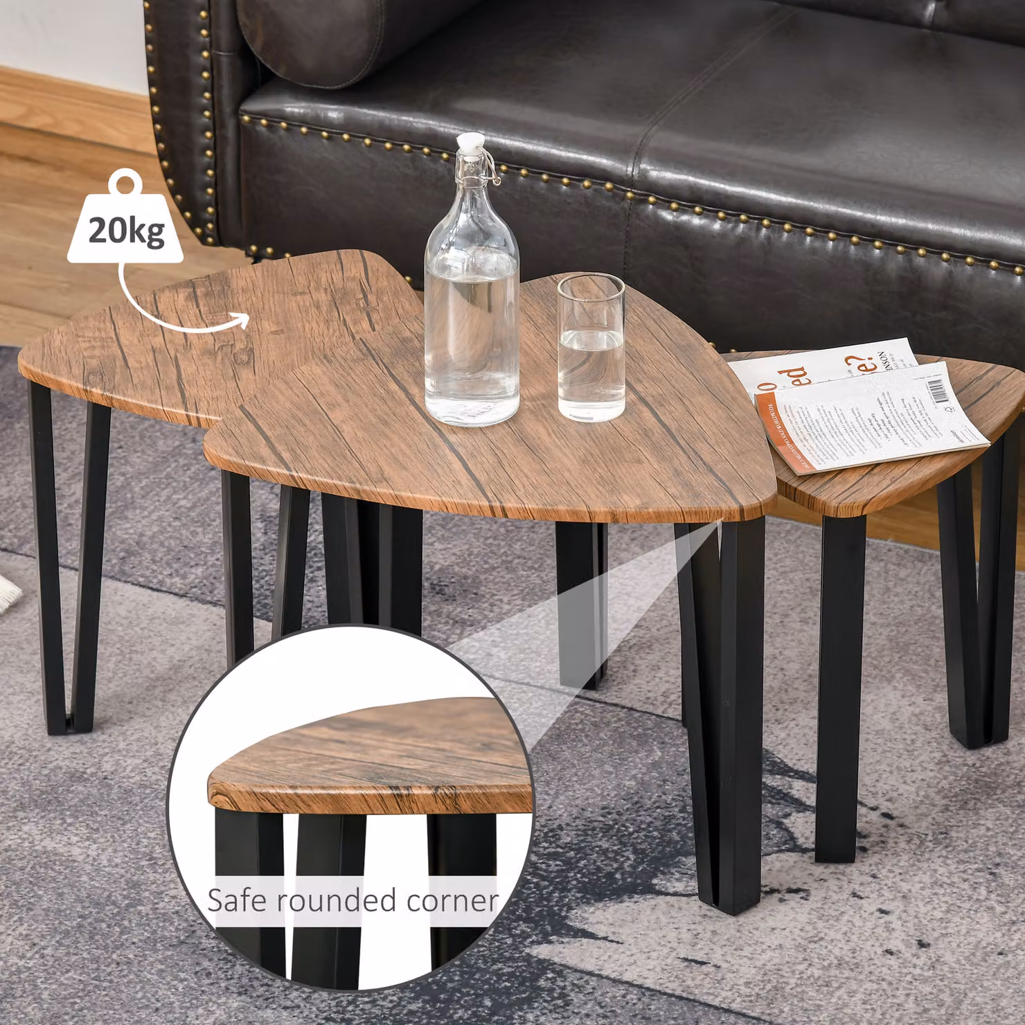 HOMCOM Nesting Coffee Table Set of 3 in Walnut Wood Effect Brown MDF and Metal – 5