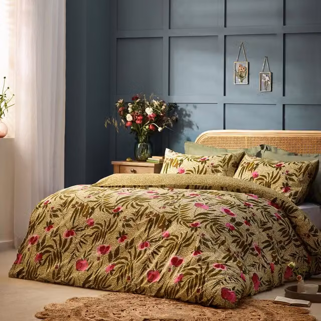 House Of Bloom Poppy Floral Cotton Percale Duvet Cover Set, Pink and Green, 200 x 200 cm