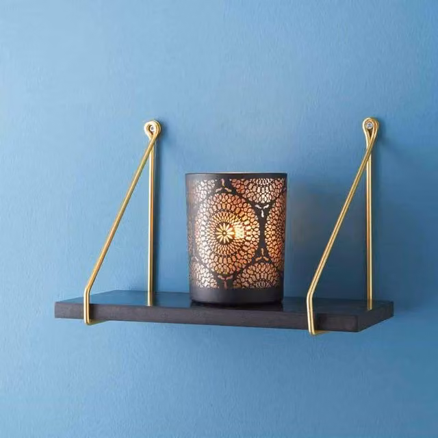 SPOT ON DEALZ Black and Gold Industrial Floating Wall Shelf, W: 40 cm, D: 20 cm, H: 15 cm
