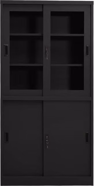 Berkfield Modern Home Office Cabinet in Black Steel with Sliding Doors, W/D/H: 90 x 40 x 180 cm